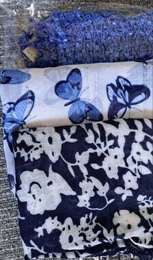 Blue Knit Scarf & Blue Butterfly Print & Navy Blue Floral Scarf Bundle